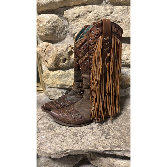 Corral Fringed Studded Tall Leather Cowboy Boots Women’s Size 7 - Picture 3 of 10